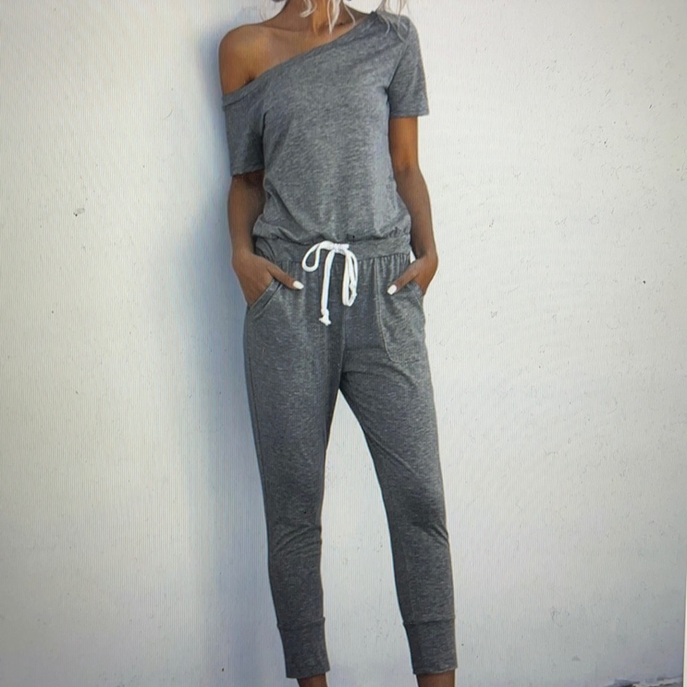 Asymmetrical neck drawstring pocket side jumpsuit